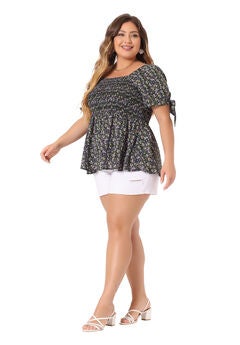 Summer Square Neck Smocked Bow Tie Short Sleeve Peplum Blouse