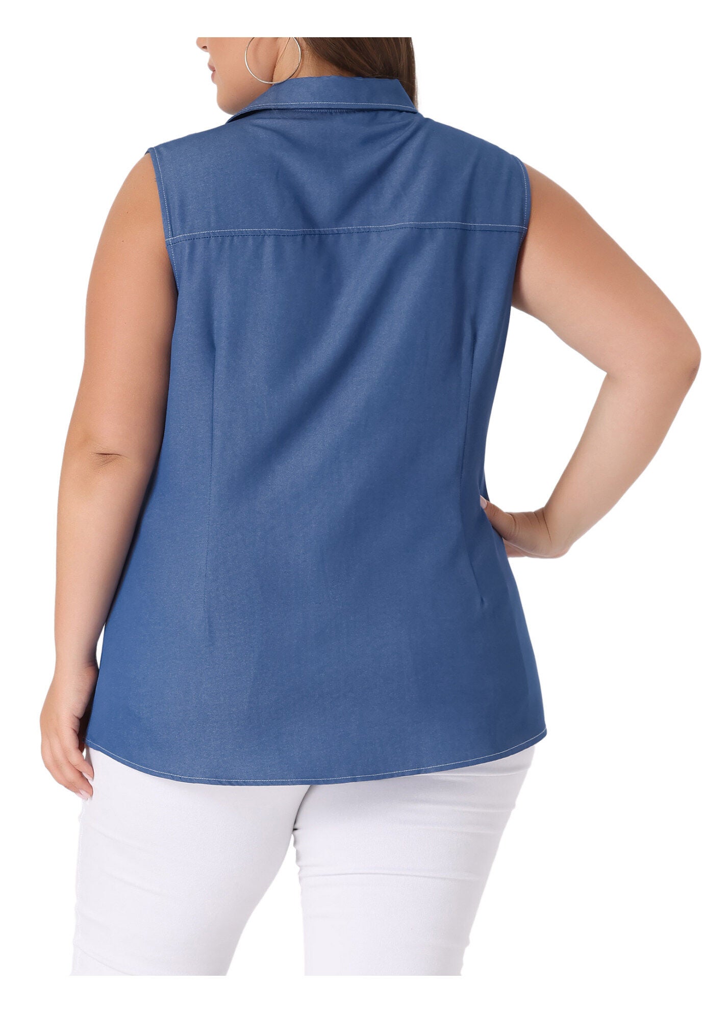 Sleeveless Button Down Shirt Chambray Top, Dark Blue / Navy, alternate image number 3