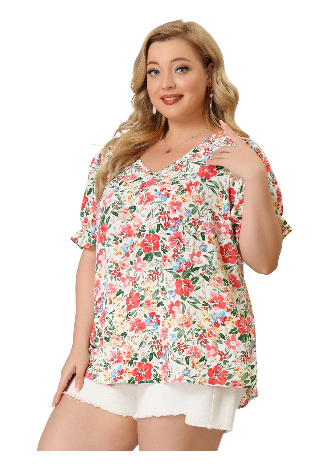 V Neck Ruffle Short Sleeve Chic Summer Blouses, White / White, alternate image number 3