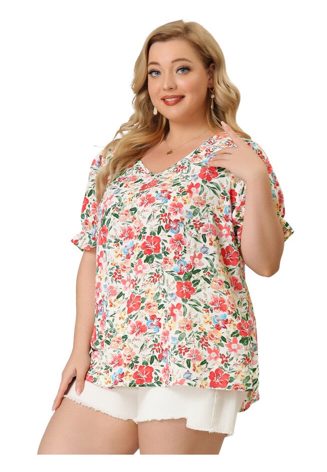 V Neck Ruffle Short Sleeve Chic Summer Blouses, White / White, alternate image number 3