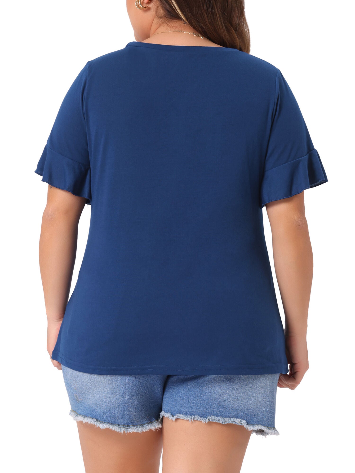 PLAIN CREW NECK RUFFLE SHORT SLEEVE TEE TOP, Dark Blue / Navy, alternate image number 3