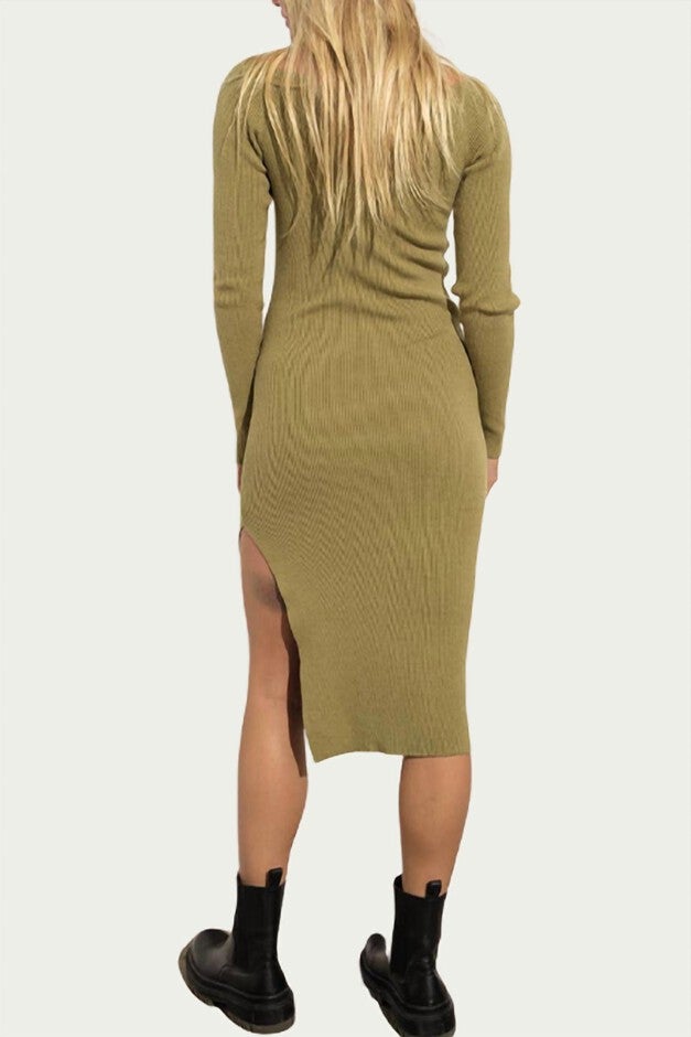 RIBBED-KNIT SWEETHEART-NECK MIDI DRESS IN OLIVE, , alternate image number null