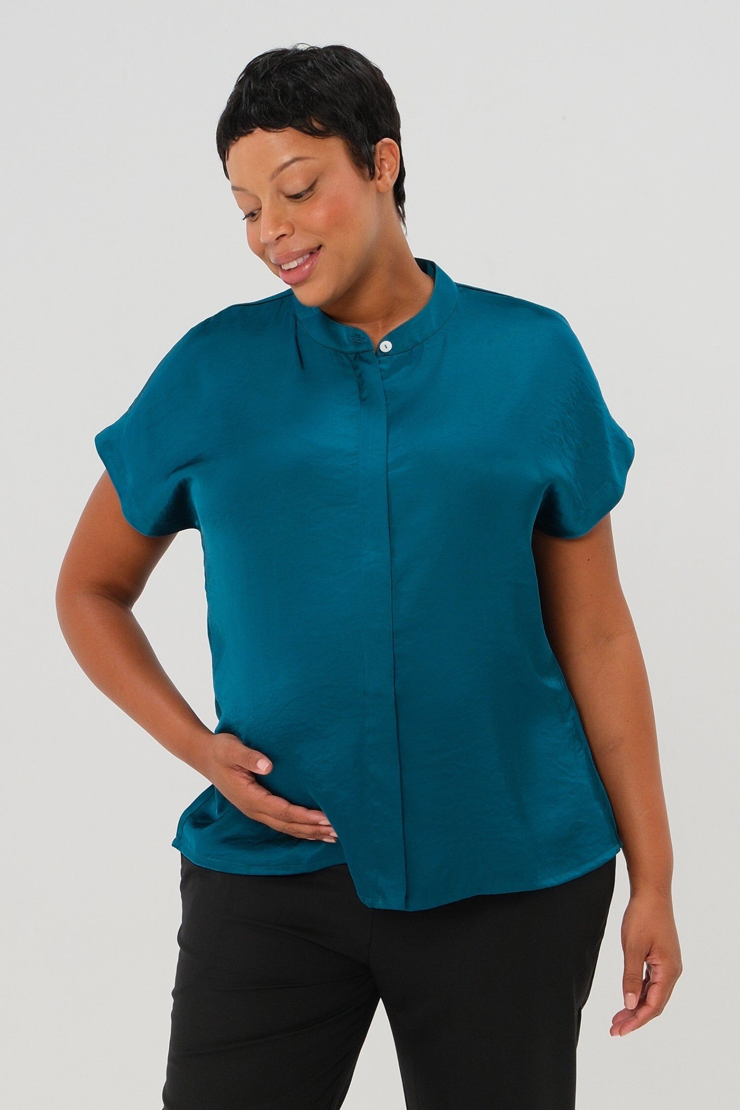 MARION Women's Short Sleeve Satin Maternity Shell Top with Concealed Nursing Zip, Peacock Green / Aqua, hi-res image number 0