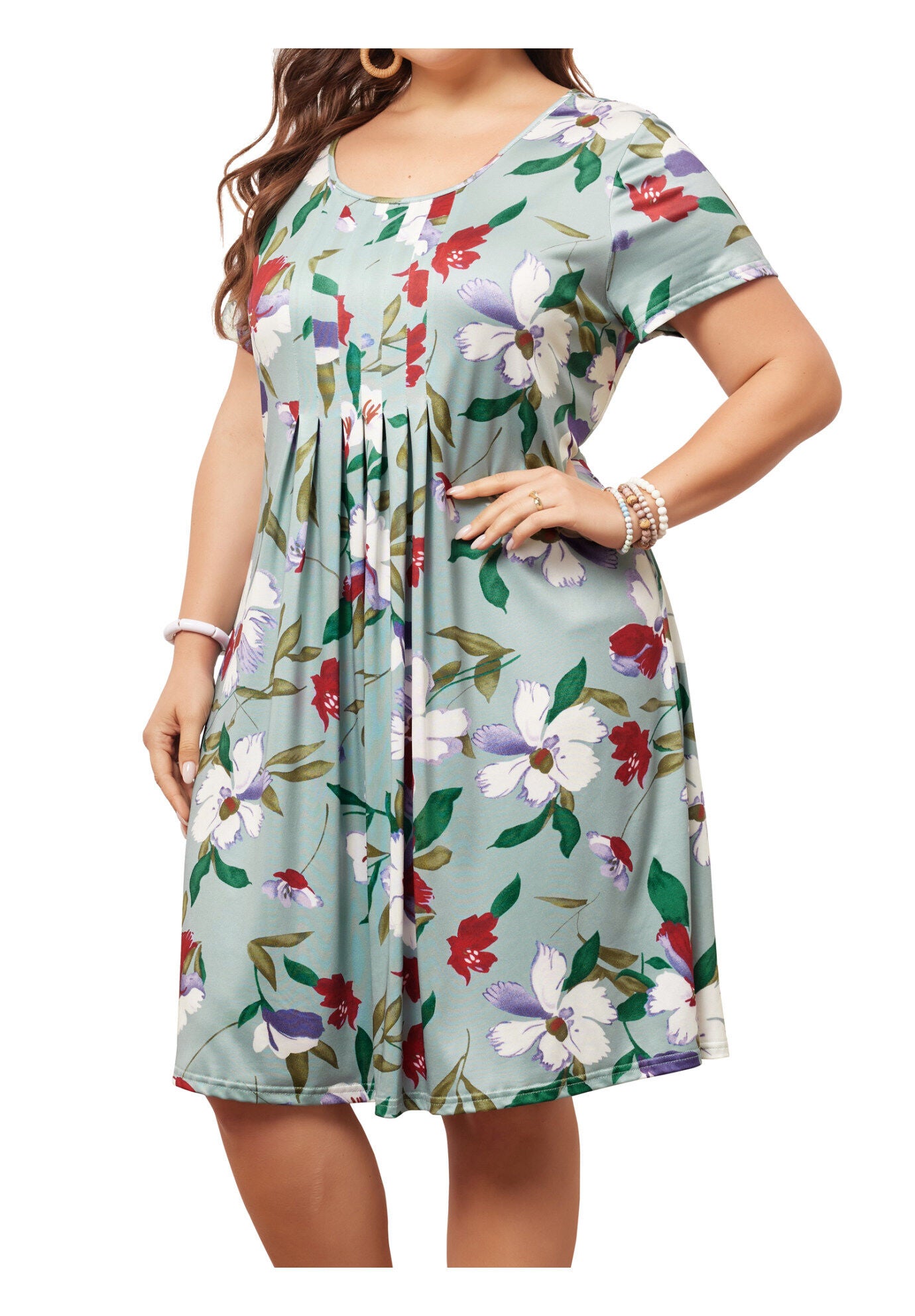 Short Sleeves Pleated Summer Beach Casual Loose Floral Dress, Green / Light Green, alternate image number 1