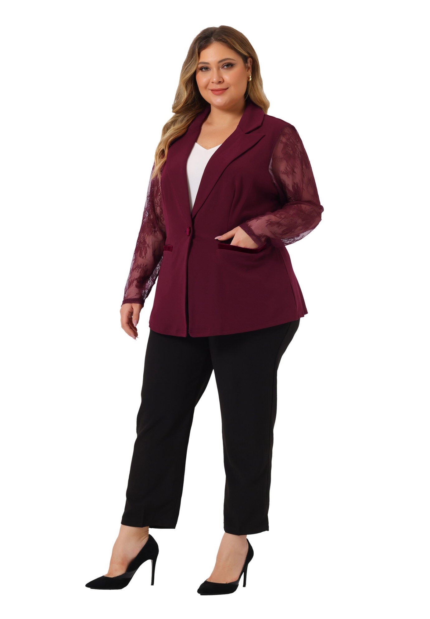 NOTCH LAPEL LACE FRONT BLAZER JACKET, Red / Red, hi-res image number 0