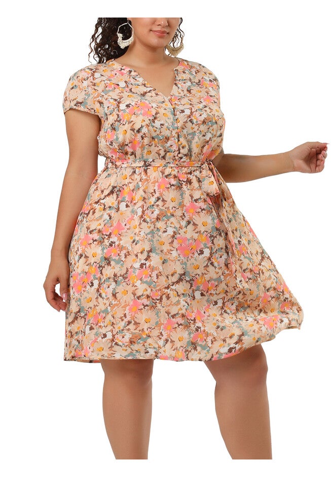 V Neck Belted Summer Floral Dress, Pink / Pink, alternate image number null