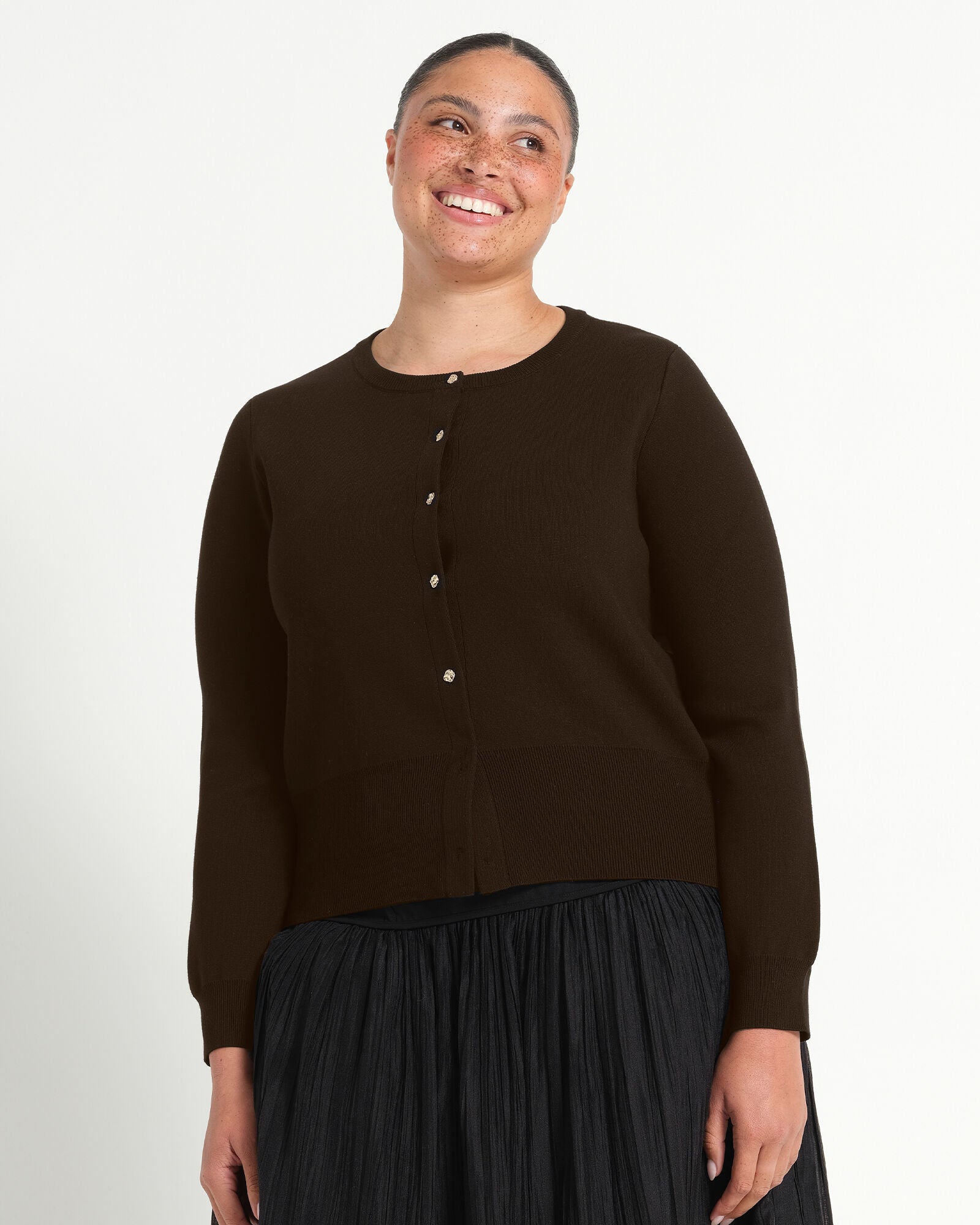 Jasmine Fitted Crew Knit Cardigan, Choc / Brown, alternate image number 1