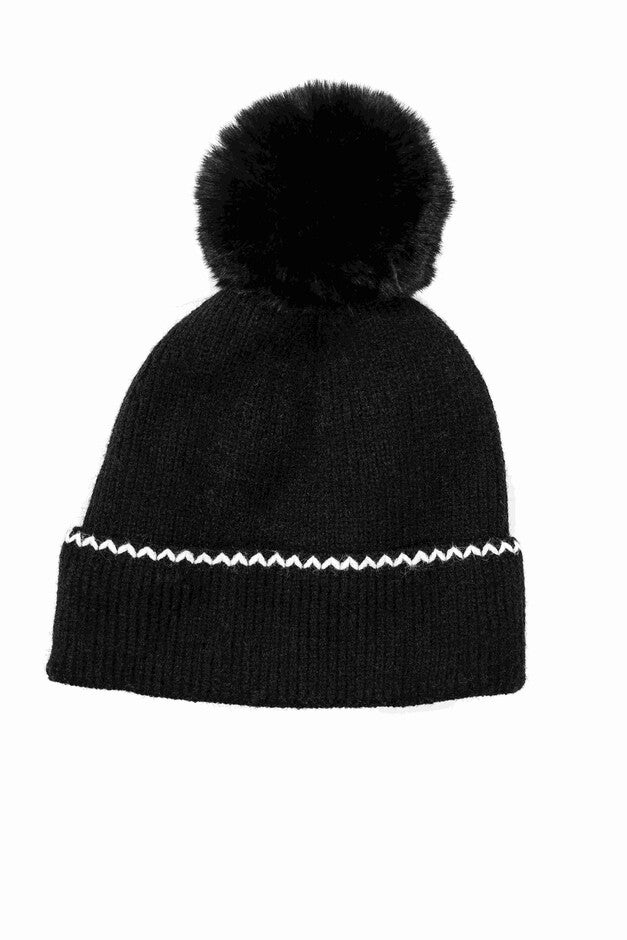 Warm Winter Hat Knitted Pompom Hat Black, BLACK / Black, hi-res image number 0