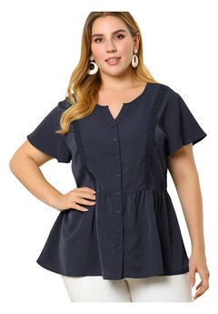 Button Down V Neck Blouse Shirt Short Sleeve Flare Peplum Top
