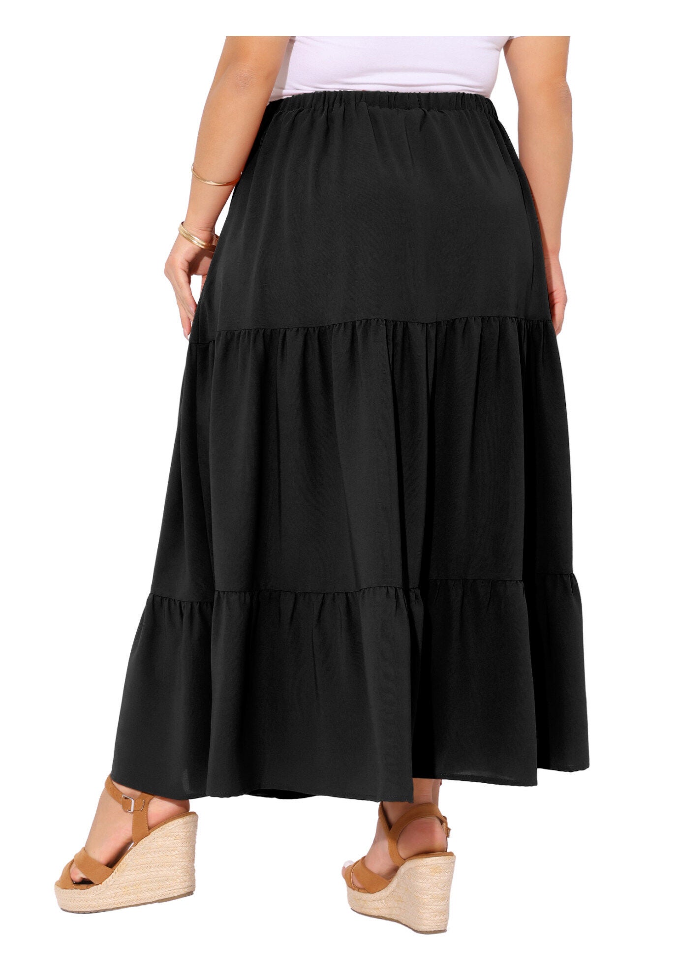 Elastic High Waist Boho Flowy A Line Long Swing Maxi Skirt, Black / Black, alternate image number 3