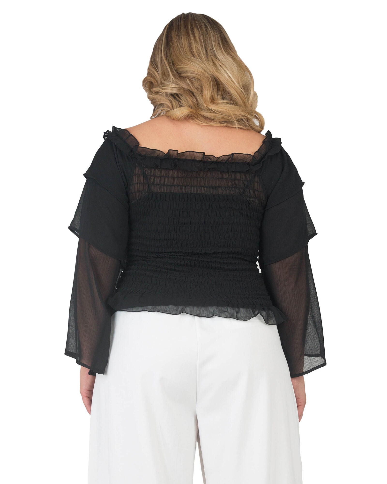 Plus Size Jessa Smocked Tierd Sleeve Top, Black / Black, alternate image number 1