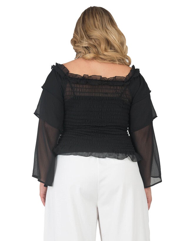 Plus Size Jessa Smocked Tierd Sleeve Top, Black / Black, alternate image number 1