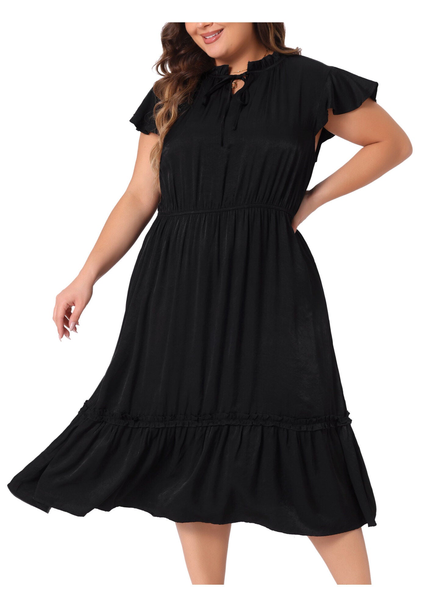 Summer Bow Tie Neck Ruffle Cap Sleeve A Line Midi Dress, Black / Black, alternate image number 3