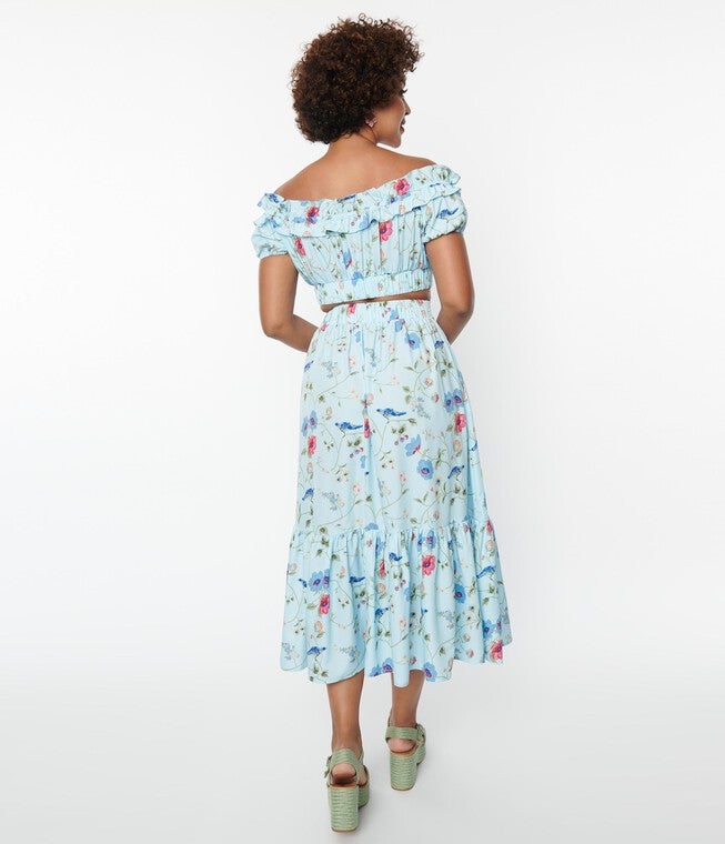 Unique Vintage Blue Floral & Blue Bird Tiered Midi Skirt, , alternate image number null