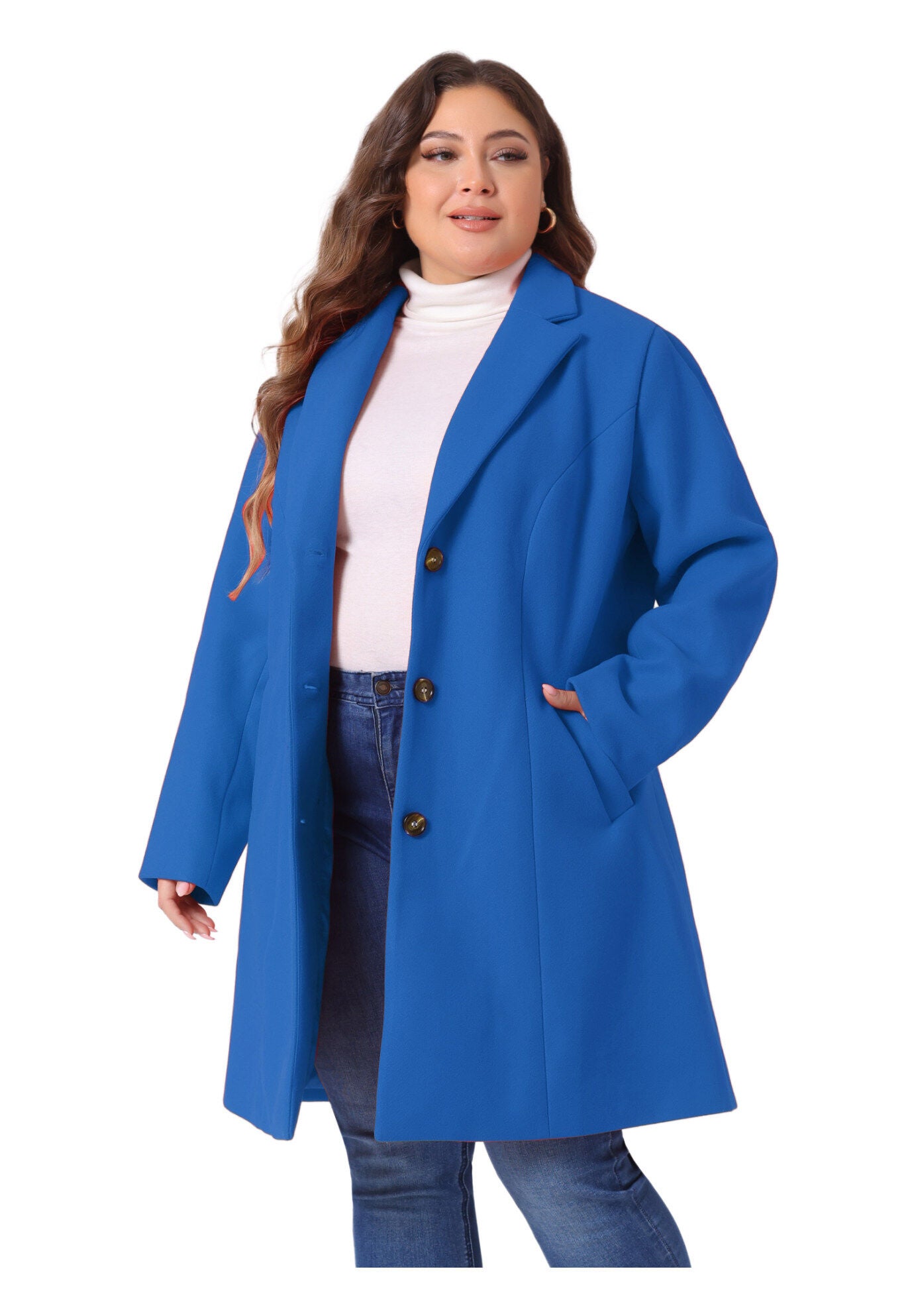 SINGLE BREASTED NOTCHED LAPEL LONG WINTER COAT, Royal Blue / Royal Blue, alternate image number 2
