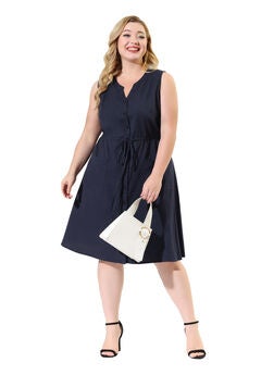 V Neck Sleeveless Pocket Drawstring Waist Midi Work Shirt Dress