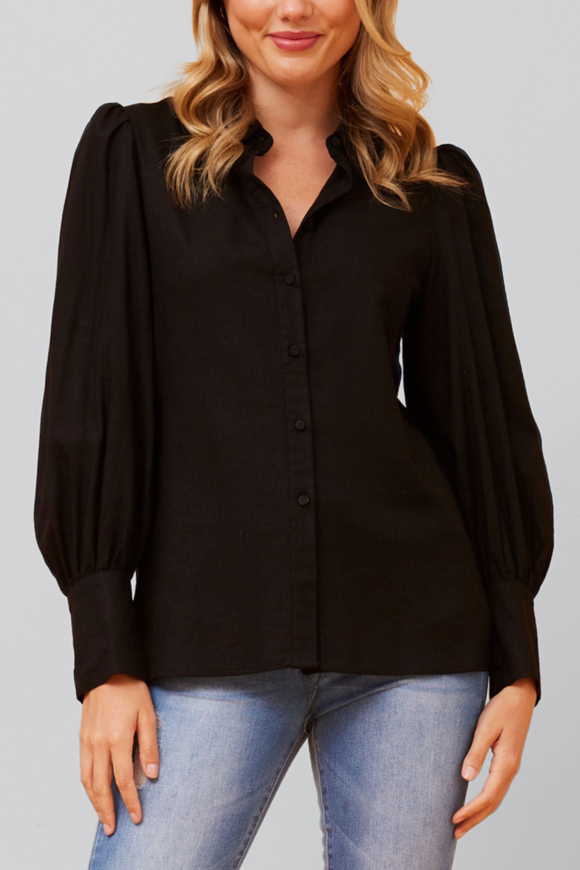 Maxine Shirt Fitted Long Puffy Sleeves Solid, Black / Black, hi-res image number 0