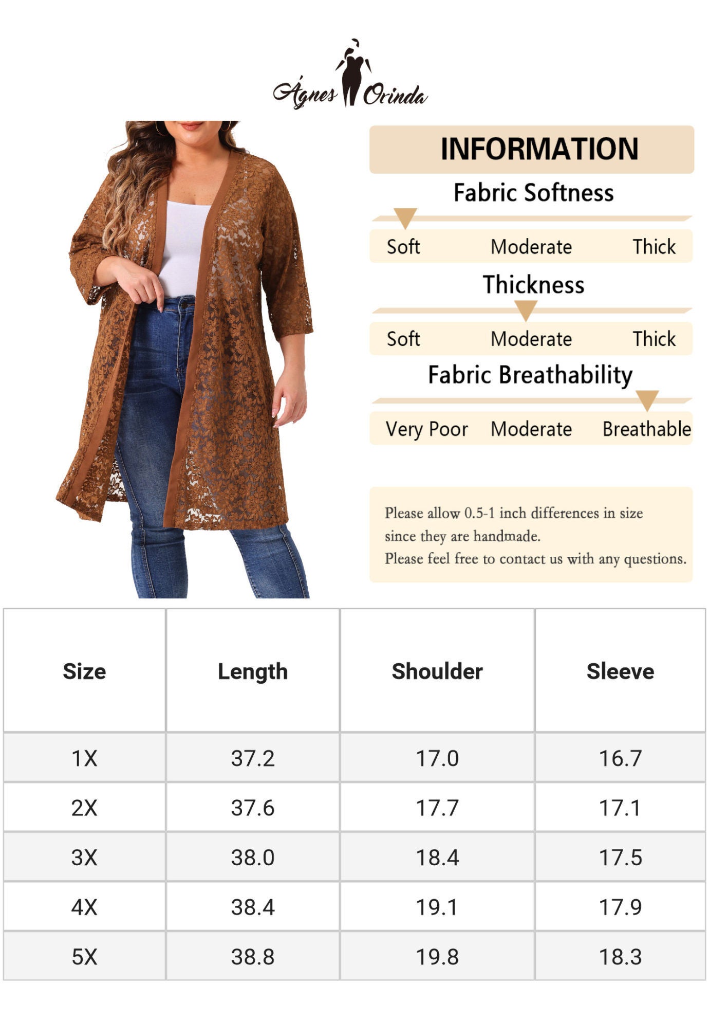 LACE CROCHET 3/4 SLEEVE COVER UP CARDIGAN, Brown / Brown, alternate image number 4