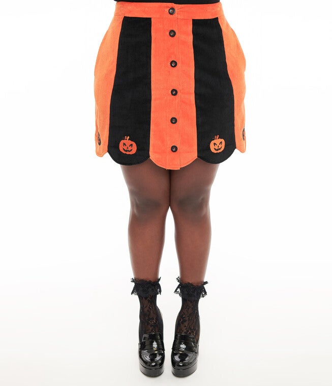 1960s Orange & Black Pumpkin Corduroy Mini Skirt, Orange Black / Black, alternate image number 1