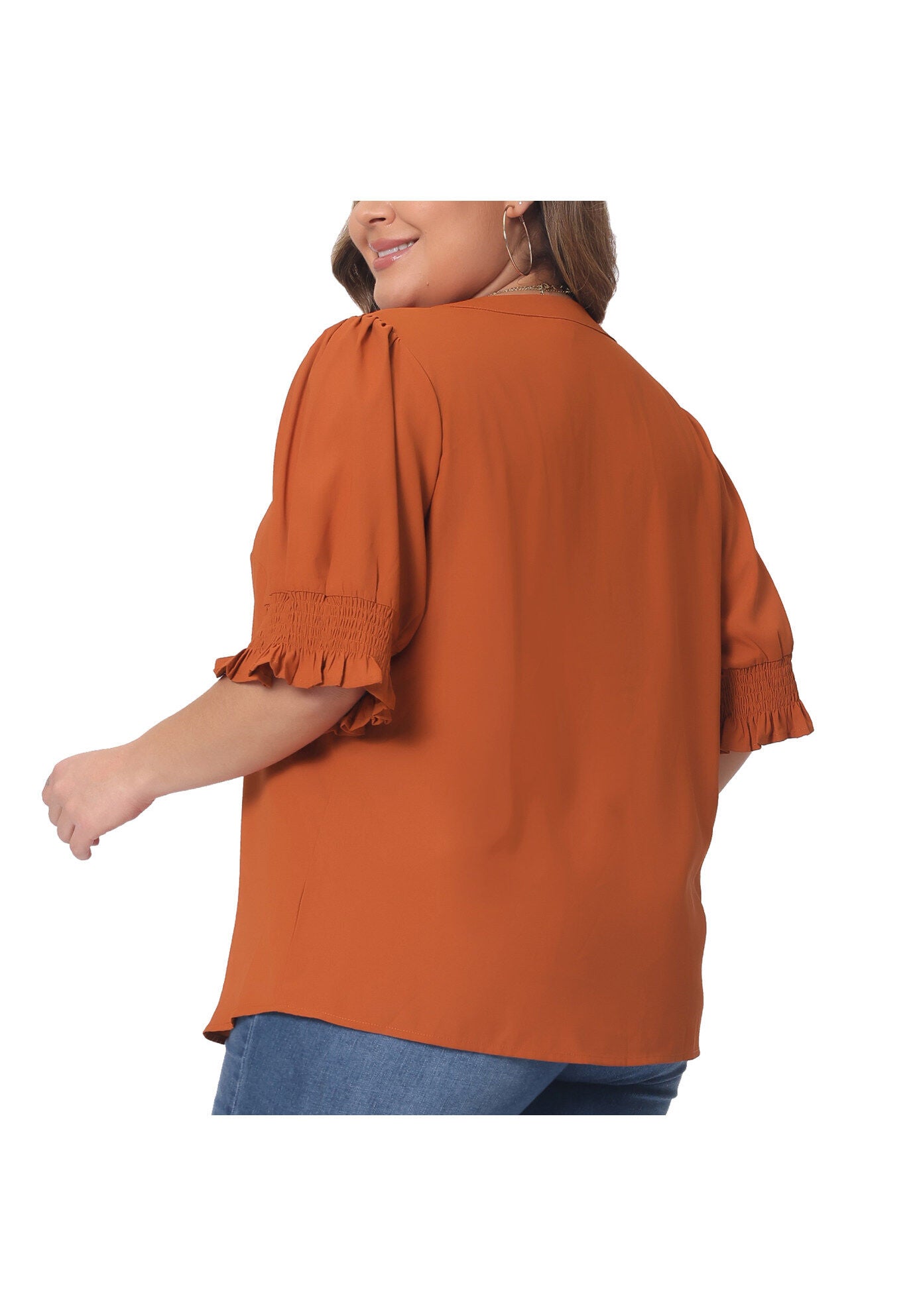 Notched V Neck Puff Short Sleeve Blouse Top, Orange / Burnt Orange, alternate image number 3