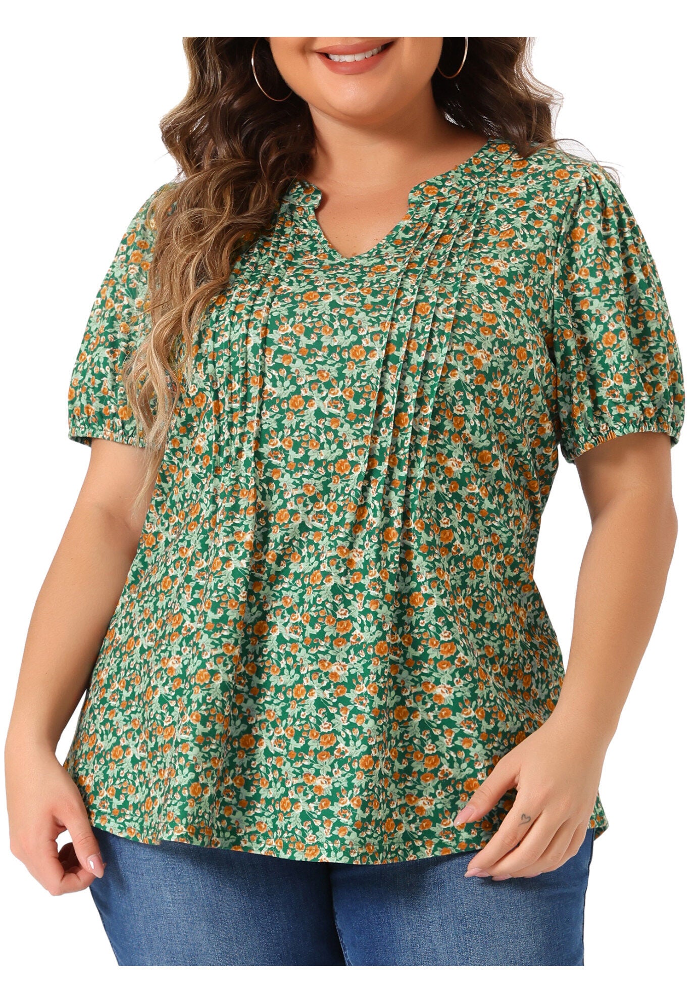 Short Sleeve Pleated T-Shirts Notched V Neck Blouse Floral Top, Green / Sage Green, alternate image number 2