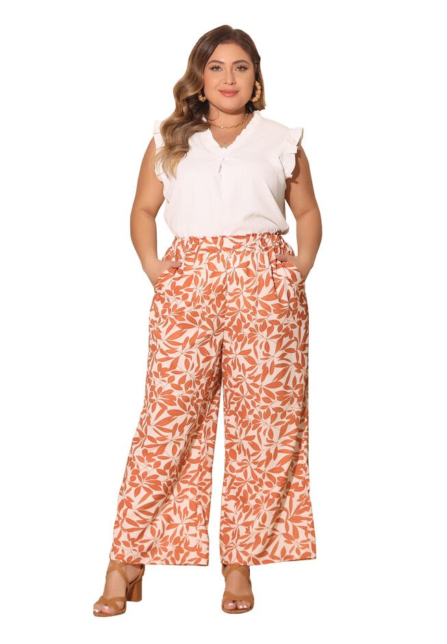 FLORAL PRINT HIGH WAIST WIDE LEG PANTS, Orange / Orange, hi-res image number 0