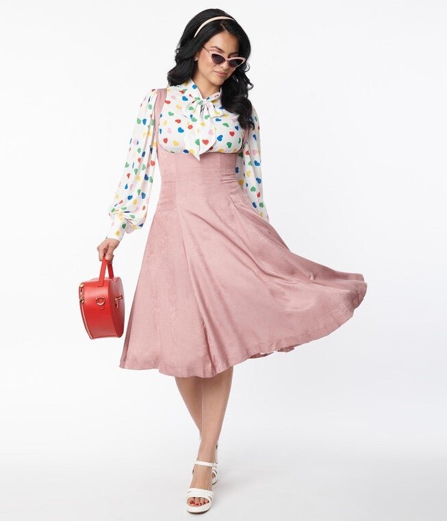 Unique Vintage Rose Amma Suspender Swing Skirt, Pink / Pink, alternate image number null