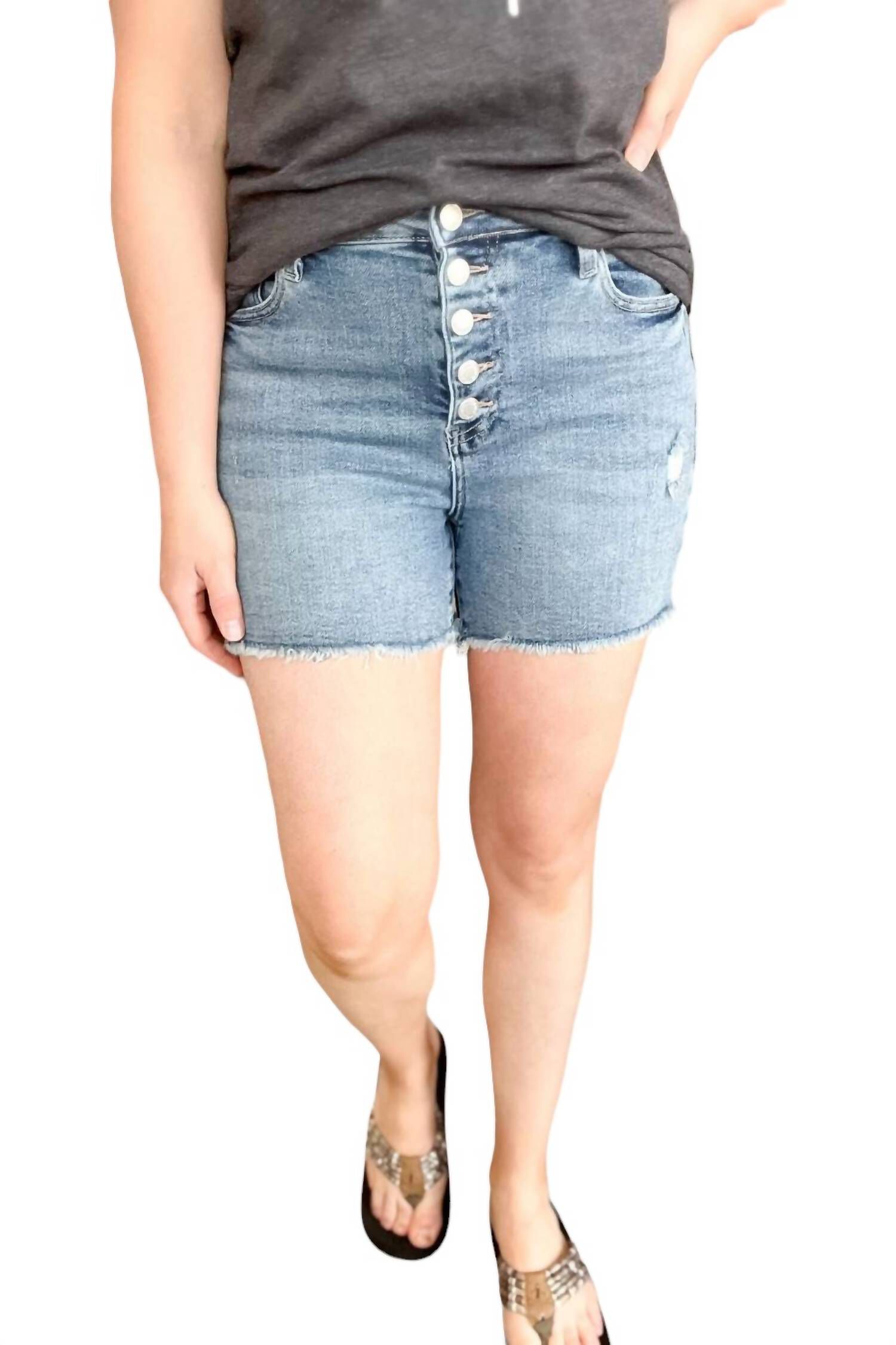 High Waist Button Fly Shorts, Blue / Azure Blue, hi-res image number 0