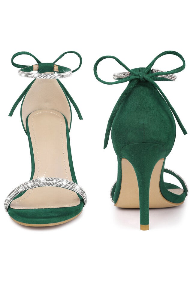 Rhinestone Ankle Tie Stiletto Heels Sandals, Green / Forest Green, alternate image number 1