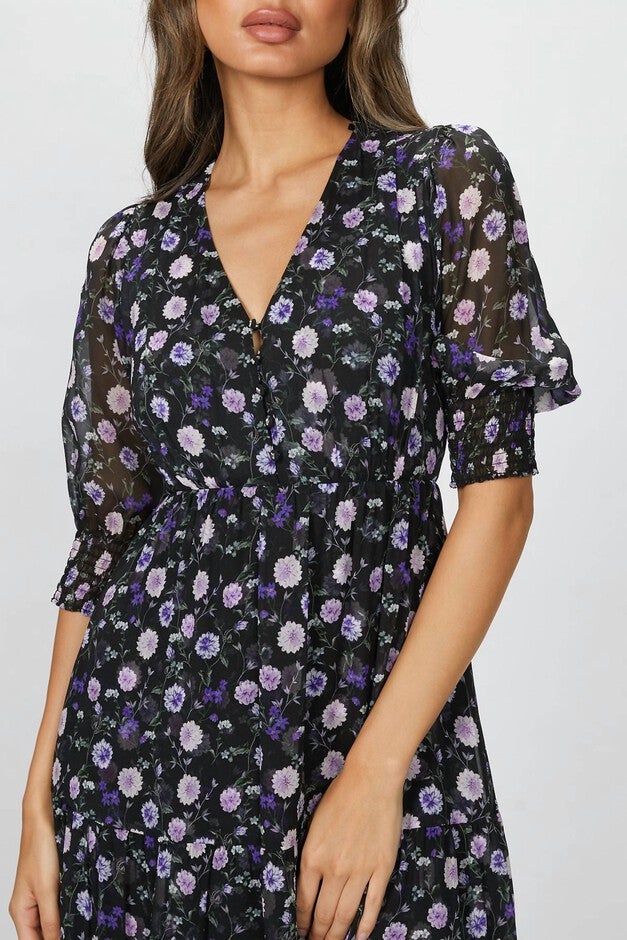 PRINTED MIDI DRESS IN BLACK/PURPLE PEONY, , alternate image number 8