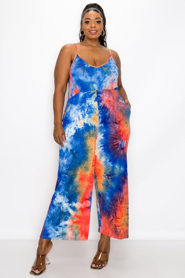 TIE DYE CAMI NECK WIDE LEGGED POCKET JUMPSUIT, RoyalRedOrange Tie Dye / Royal Blue, alternate image number 3