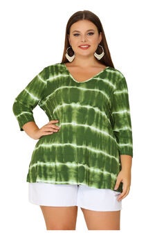 V Neck 3/4 Sleeve Loose Casual Striped Tie Dye Print T-Shirt Top