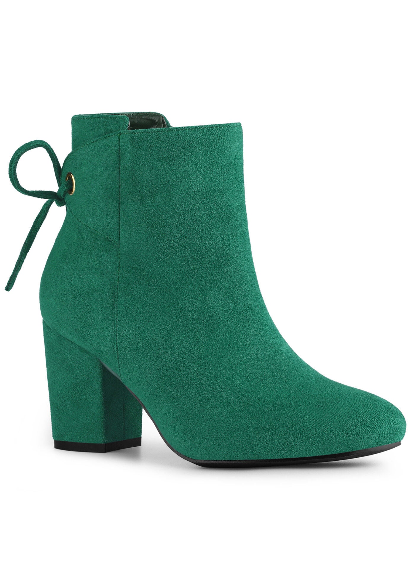 Round Toe Lace Up Back Chunky High Heels Ankle Boots, Emerald Green / Forest Green, hi-res image number 0