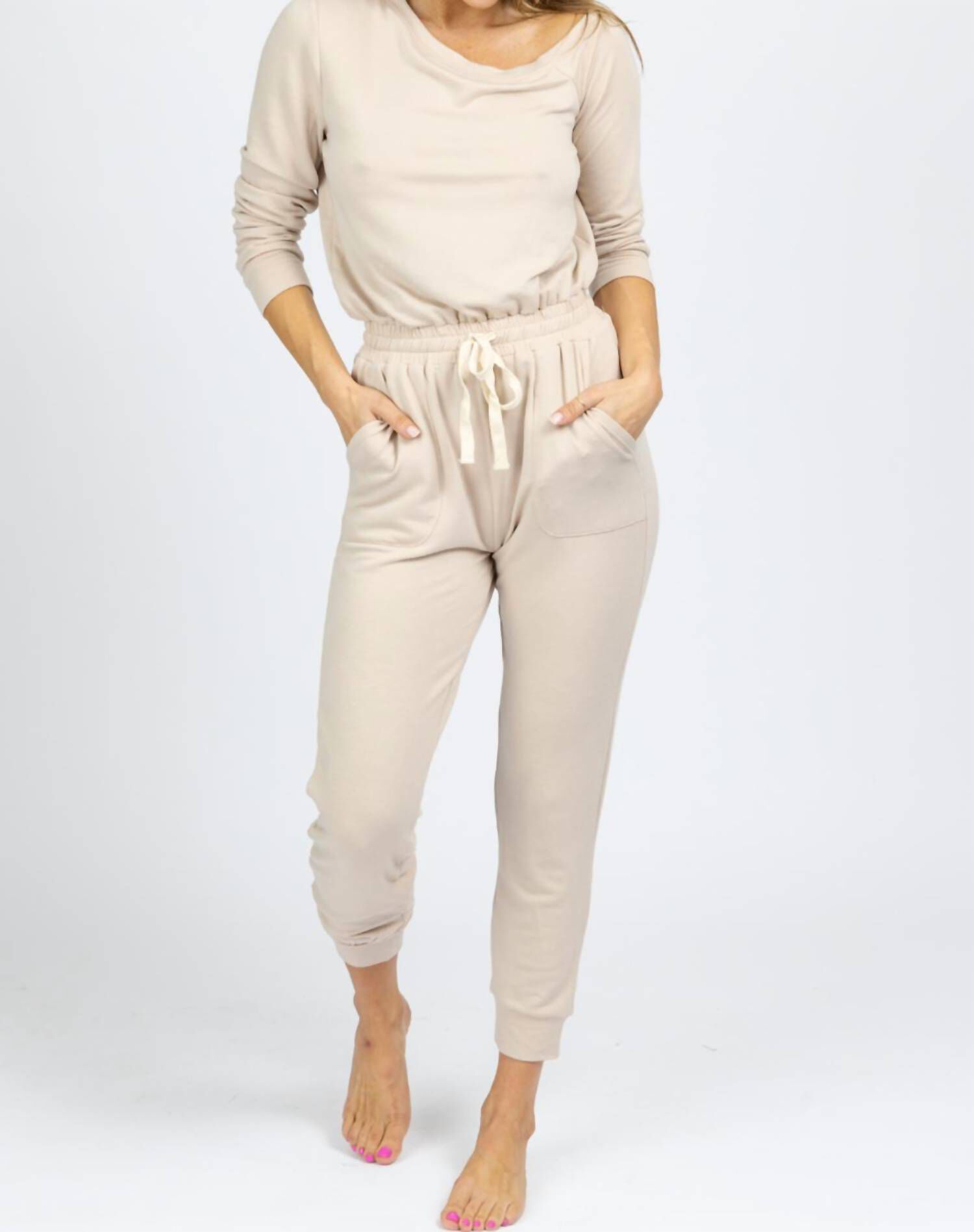 Butter Soft Drawstring Jumpsuit, Taupe / Beige, alternate image number 2