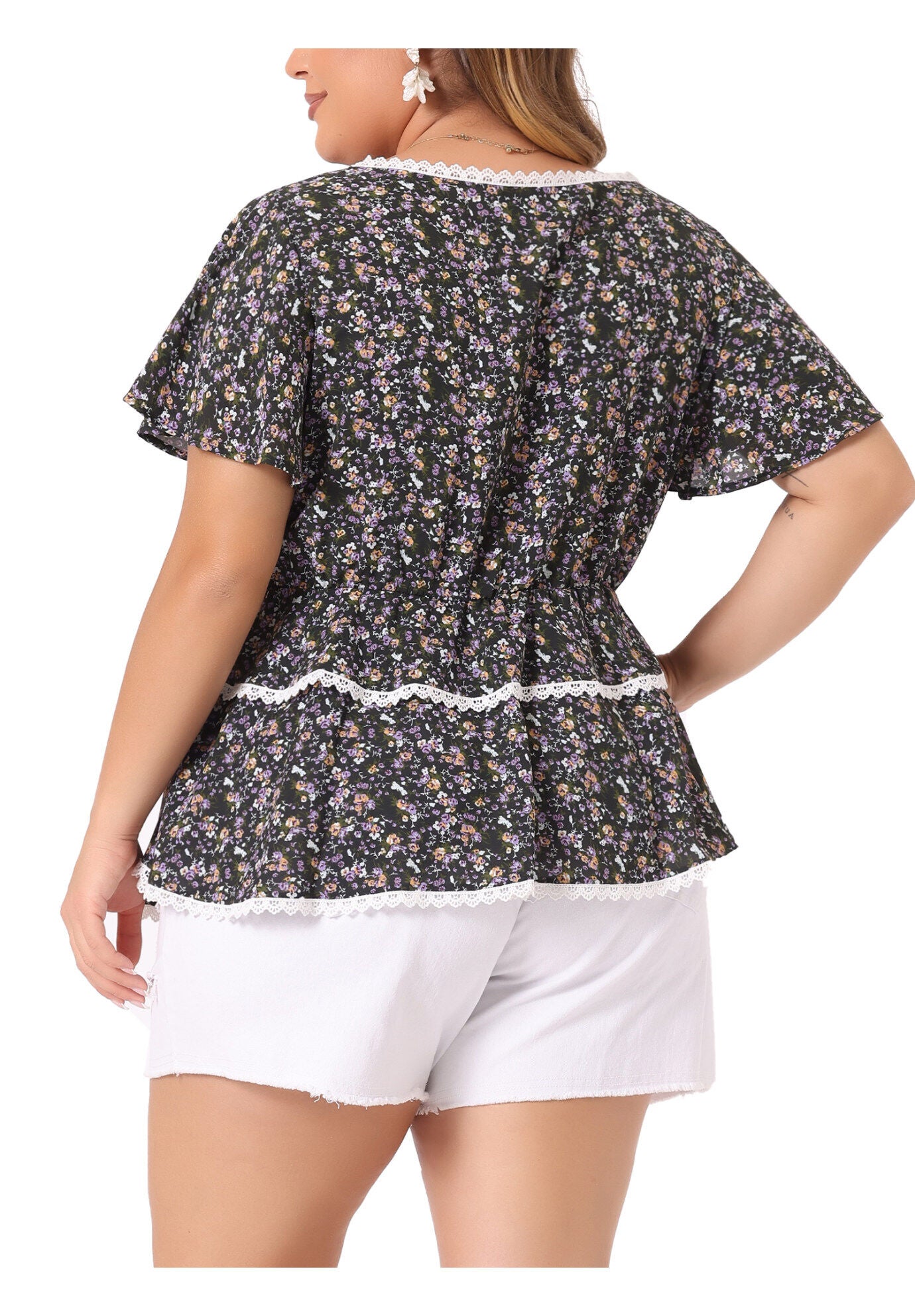 Floral Babydoll Sweetheart Ruffle Short Sleeve Top Tiered Blouse, Black / Black, alternate image number 3
