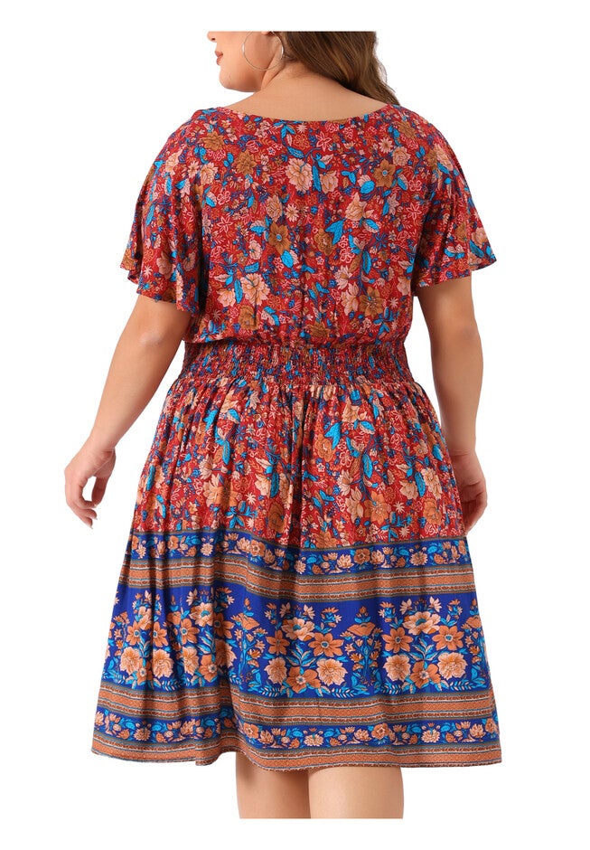 Placed Pattern Bohemian Smock Waist V Neck Summer Midi Dress, Blue Red / Red, alternate image number null