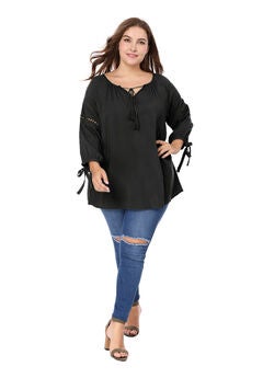 RAGLAN SLEEVES HOLLOW OUT TIE NECK TUNIC PEASANT TOP