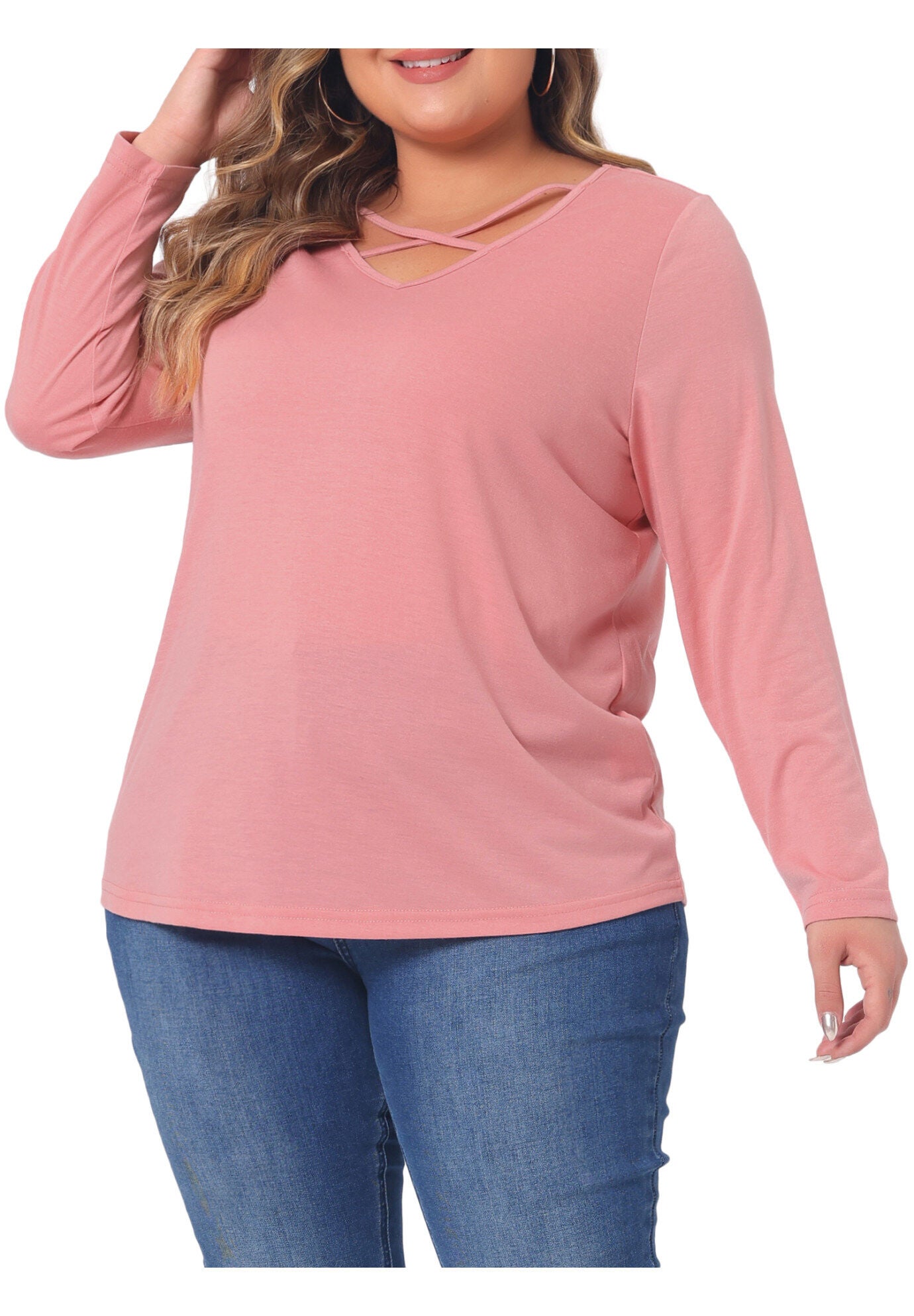 CROSS V NECK LONG SLEEVES T-SHIRT TOP, Pink / Pink, alternate image number 1