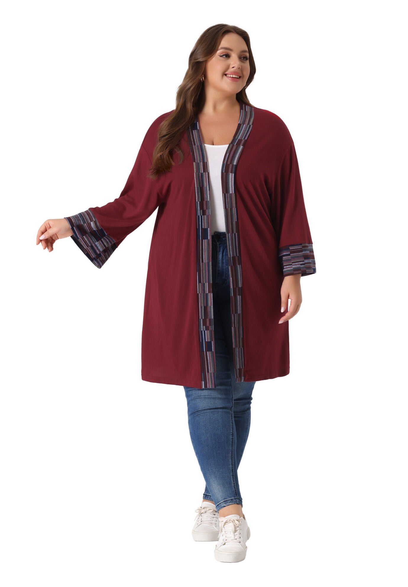 OPEN FRONT BOHO BOHEMIAN KNIT CARDIGAN, Burgundy / Red, hi-res image number 0