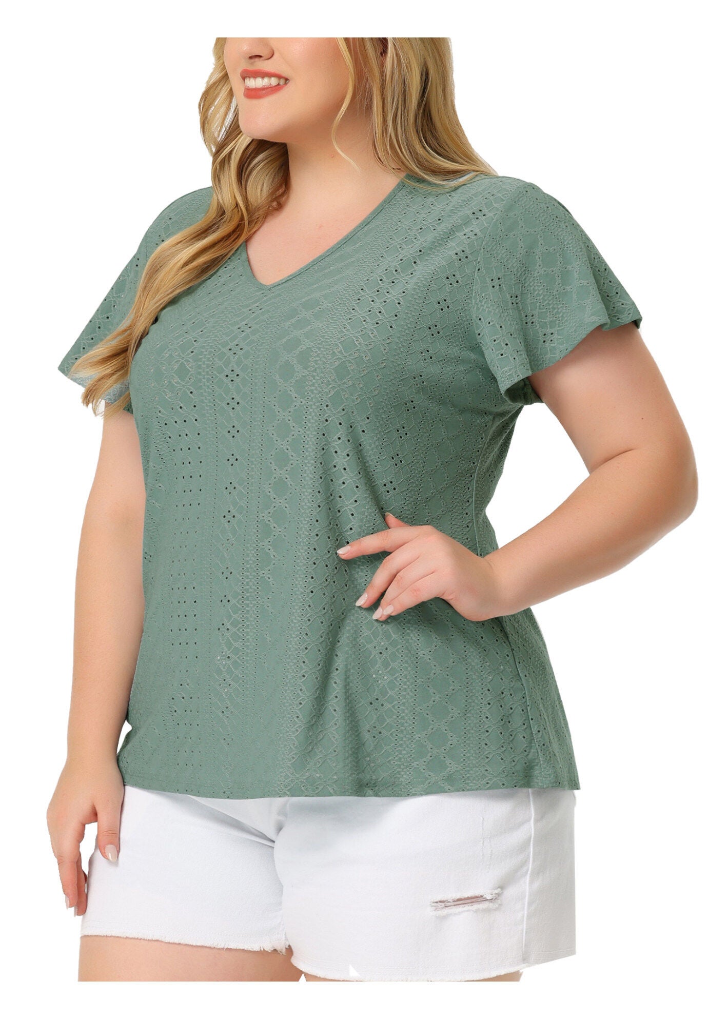 Summer Tee V Neck Hollow Flare Short Sleeve Casual Top Tunic, Green / Olive Green, alternate image number 1