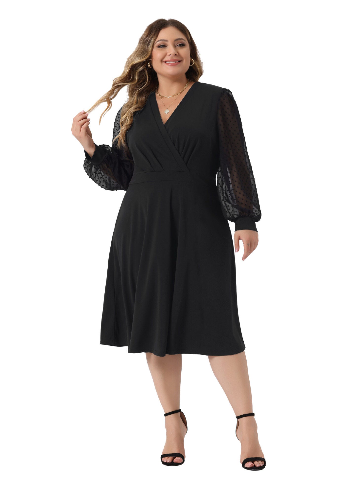 Long Sleeve Swiss Dots Formal Knee Length Dress, Black / Black, hi-res image number 0