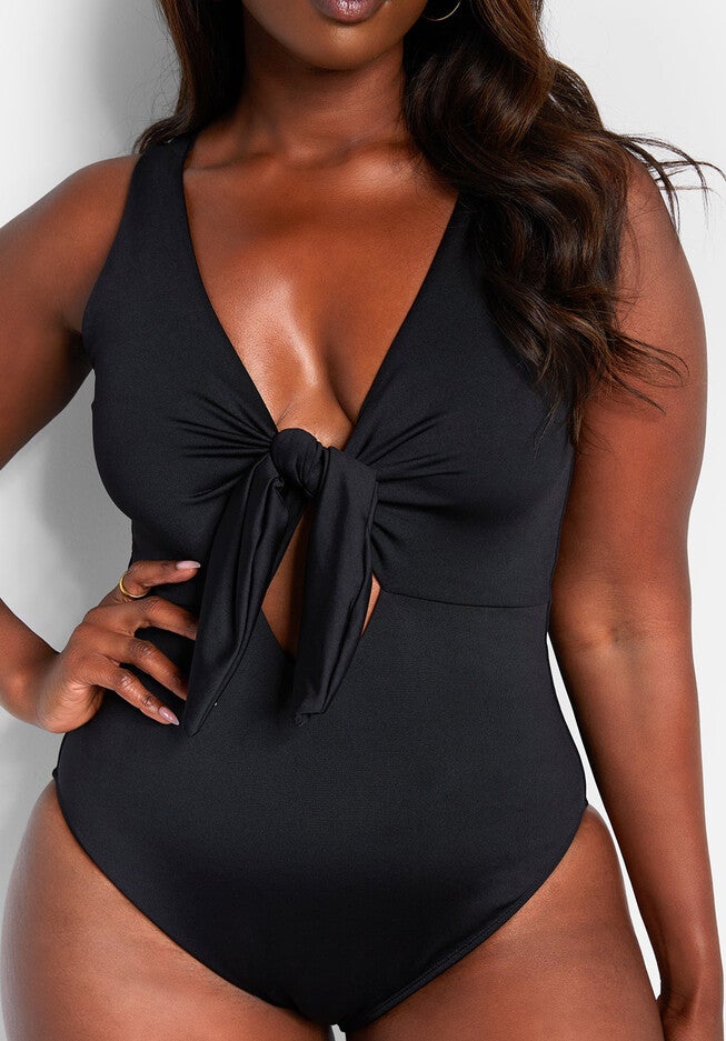 Happy Hour Tie Front Keyhole Swimsuit, Black / Black, alternate image number 3