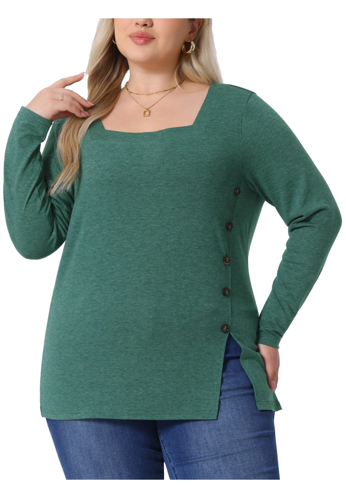 Side Button Square Neck Long Sleeve Tunic Blouse, Green / Hunter Green, alternate image number 2