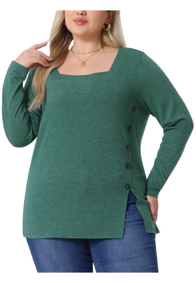 Side Button Square Neck Long Sleeve Tunic Blouse, Green / Hunter Green, alternate image number 2