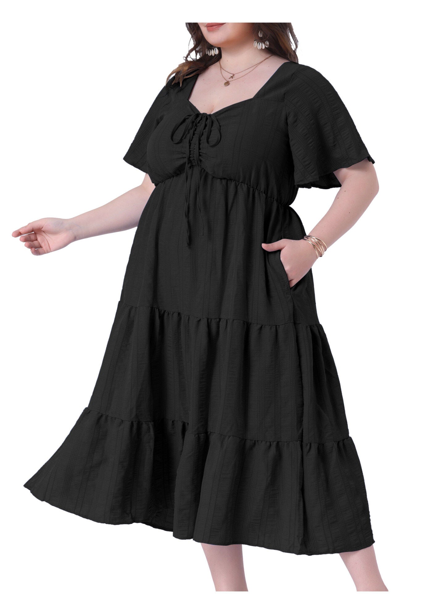 Short Sleeve Flowy A Line Tiered Long Dresses, Black / Black, alternate image number 1