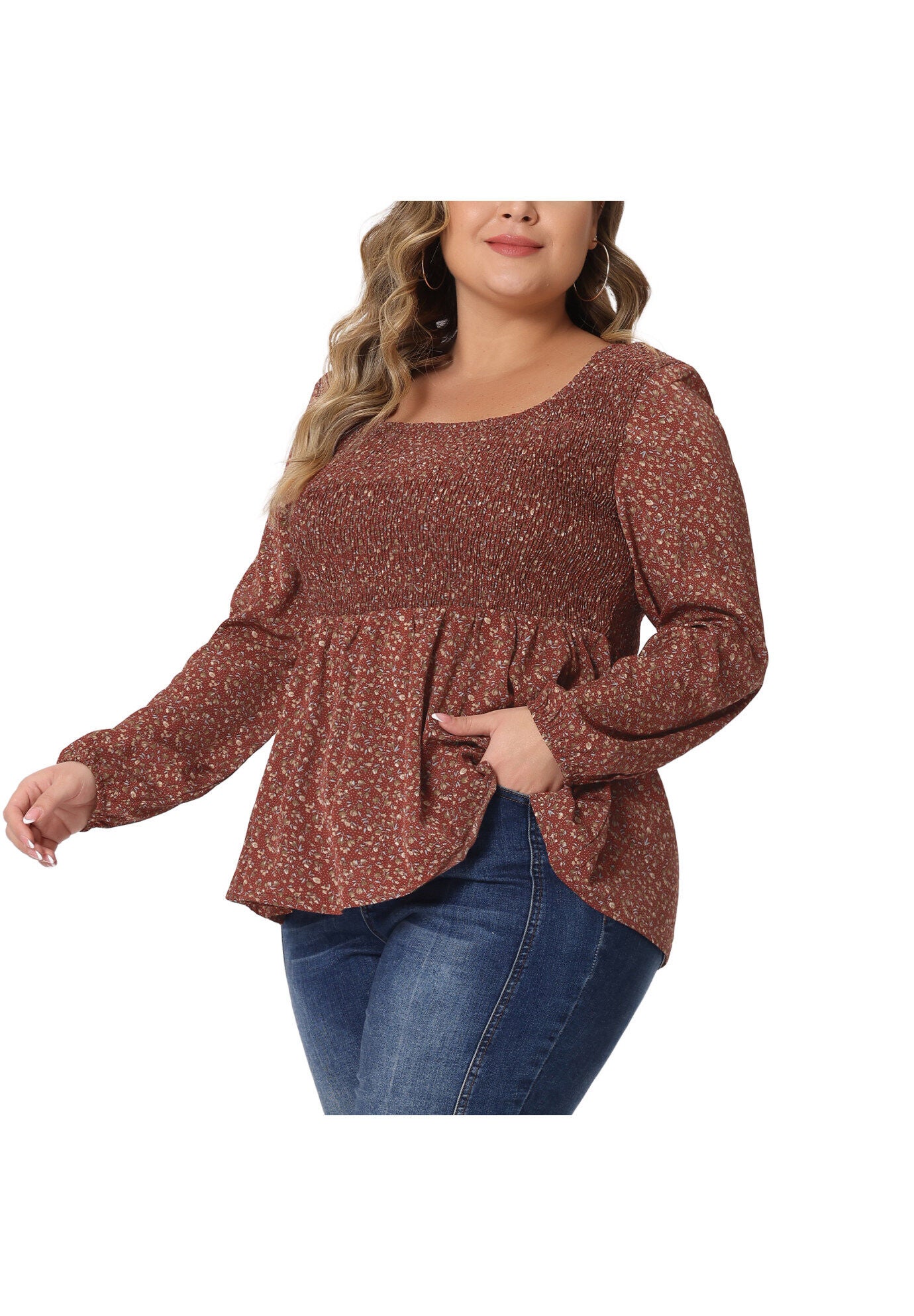 Floral Square Neck Smock Waist Peplum Top, Burgundy / Burgundy, alternate image number 1