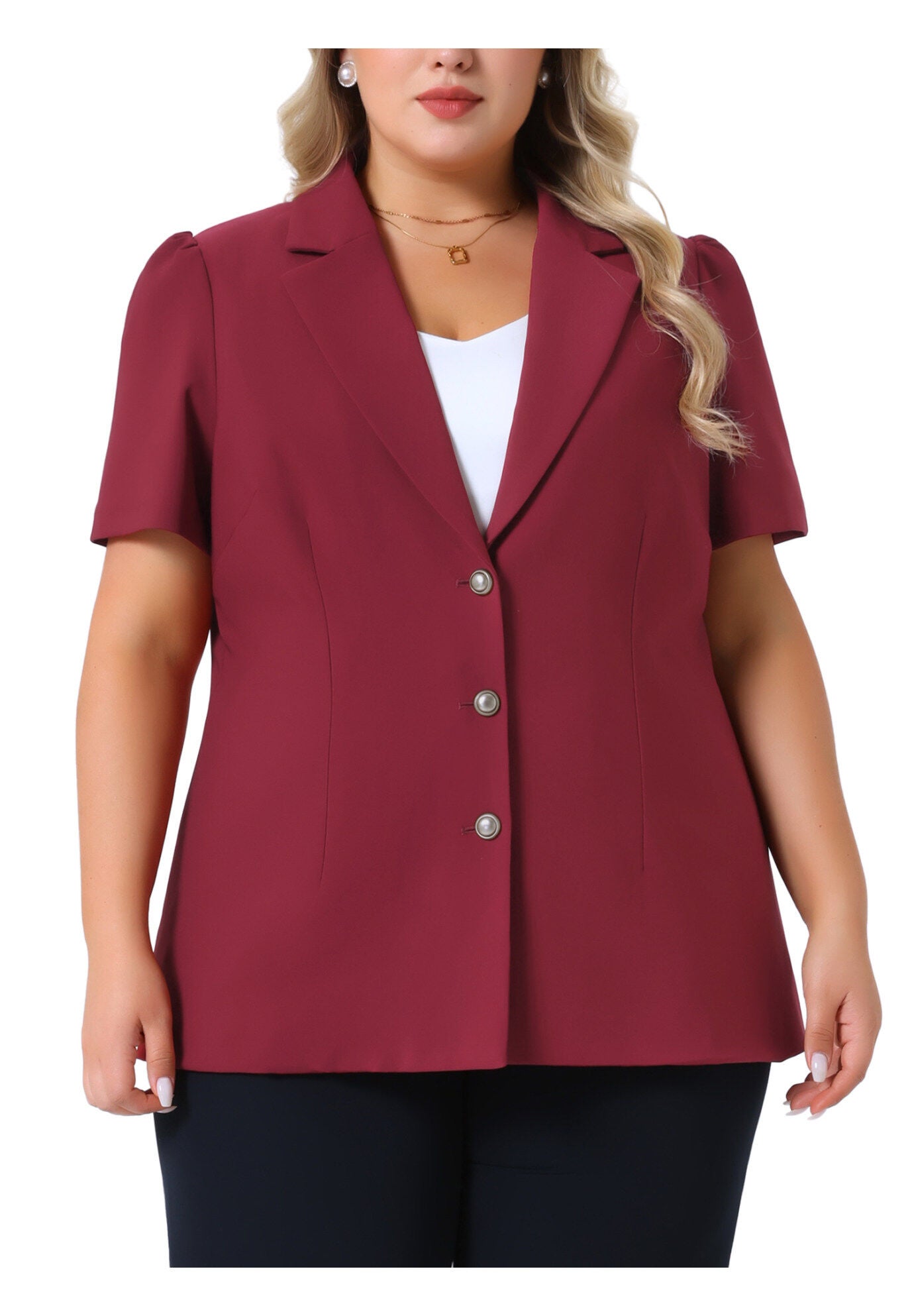 Notched Lapel Short Puff Sleeve Blazer Jackets, Burgundy / Burgundy, alternate image number 2