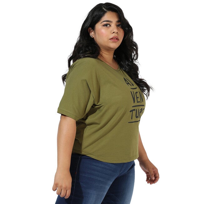 Olive Green "Adventure" Text Print Tee, Olive Green / Olive Green, alternate image number null