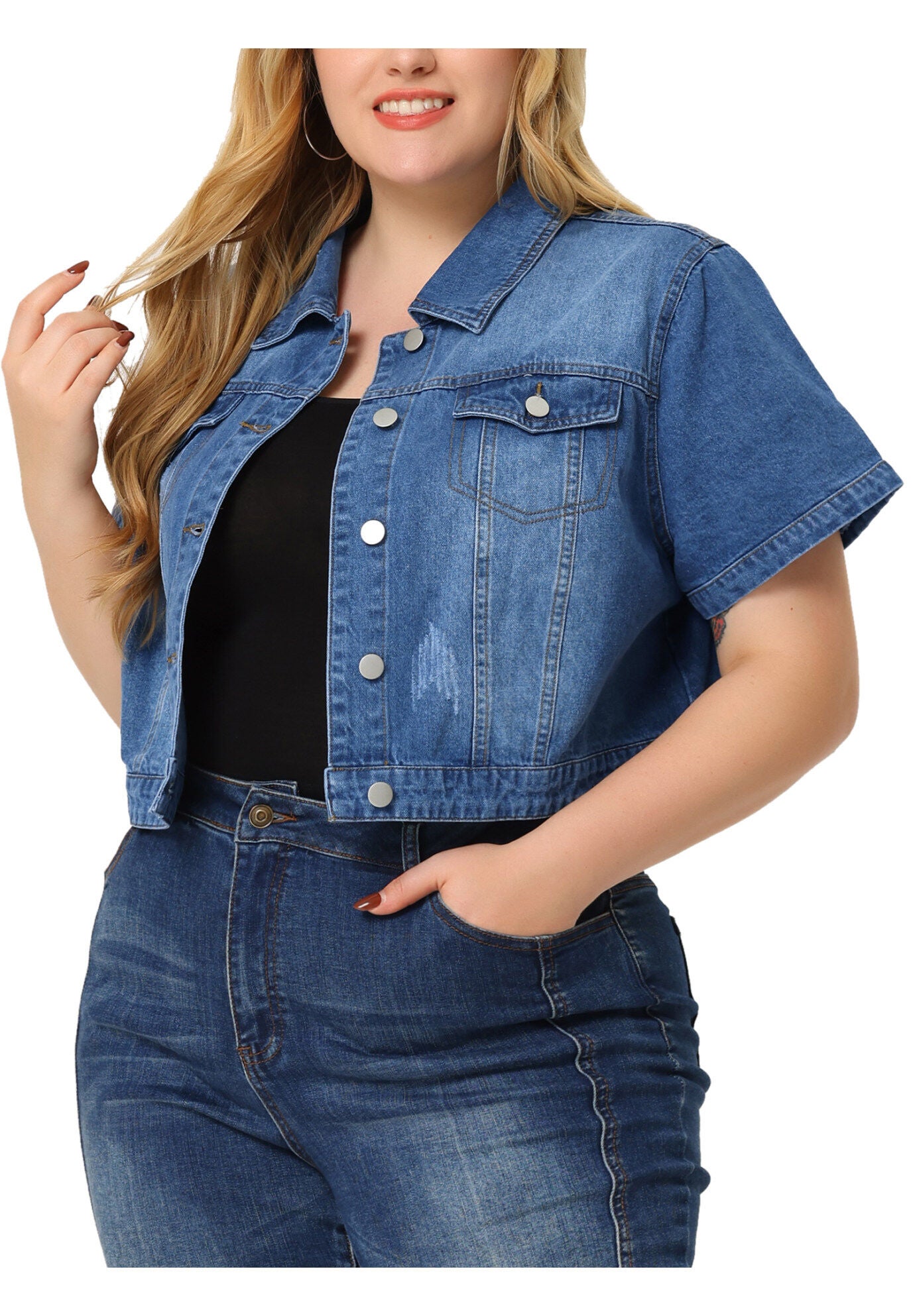 SHORT SLEEVE BUTTON DOWN CROPPED DENIM JACKET, Denim Blue / Light Blue, alternate image number 2