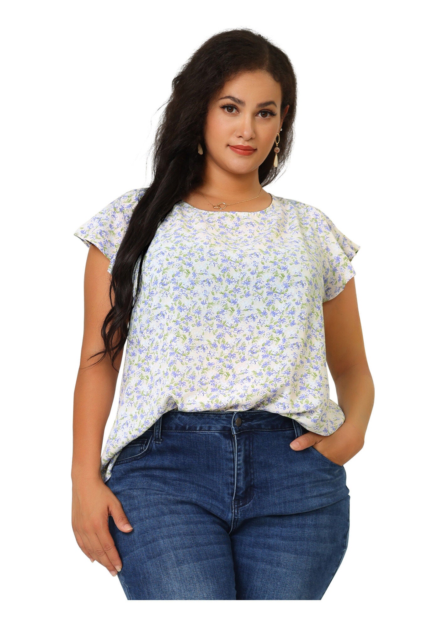 Summer Top Floral Round Neck Short Sleeves Ruffle Blouse, Light Purple / Purple, alternate image number 3